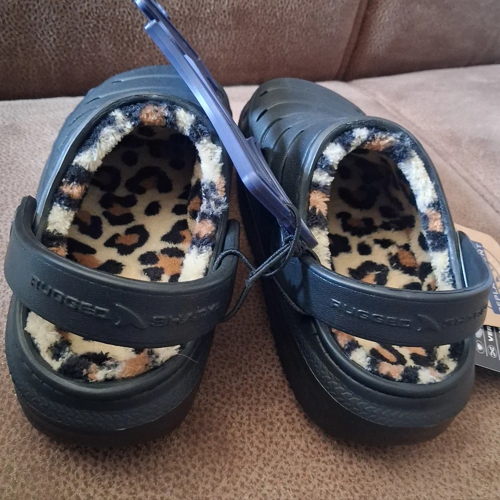 Rugged Shark Kids Black Slip-On Clog with Leopard Faux Fur Lining Size 9 Toddler